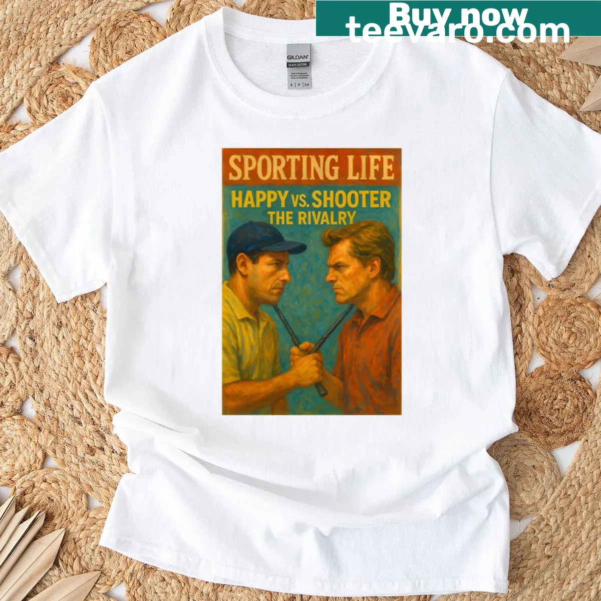 Sporting Life Magazine t-shirt with Happy vs Shooter design — on a men's t-shirt