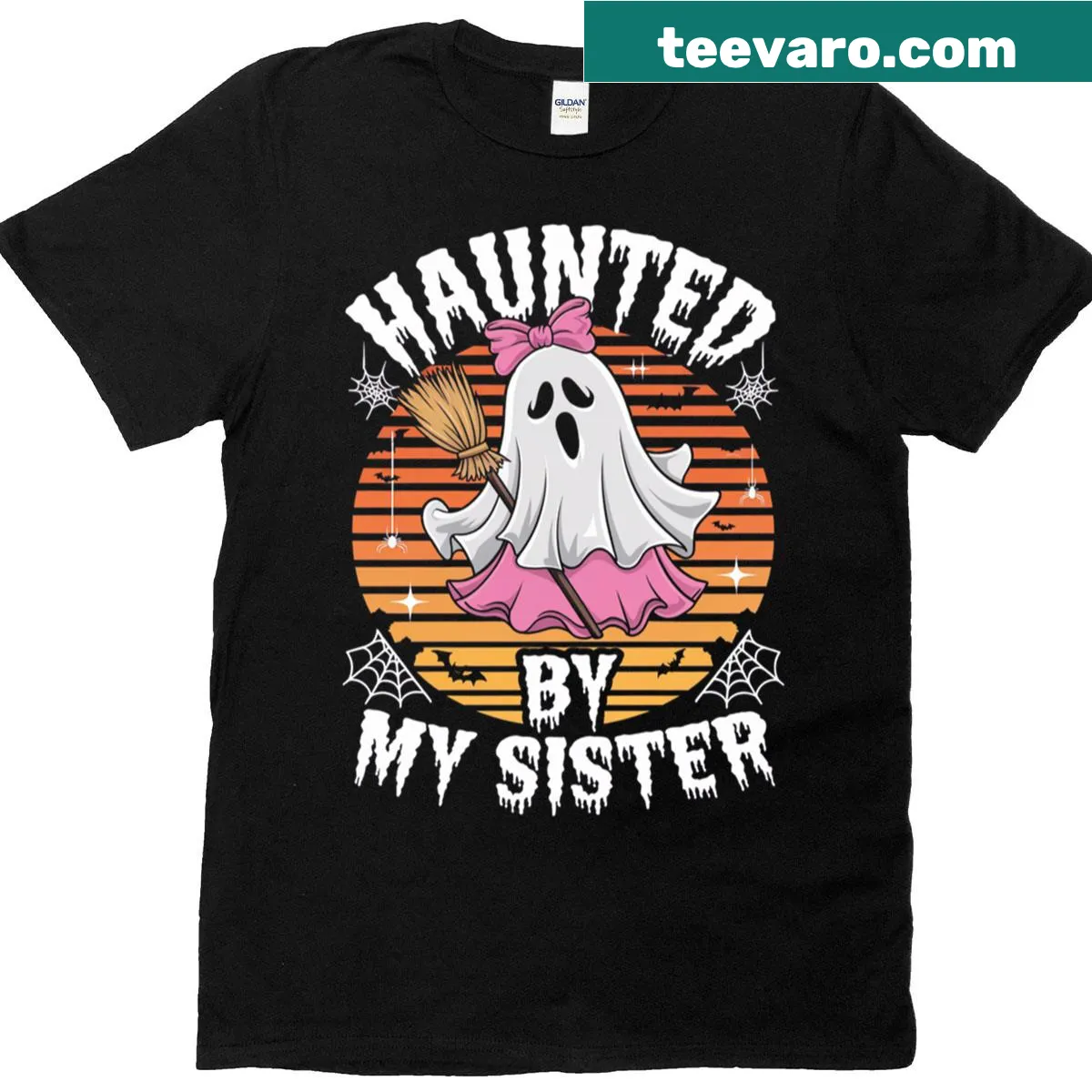 Funny t-shirt with saying 'Haunted By My Sister' for siblings — on a men's t-shirt