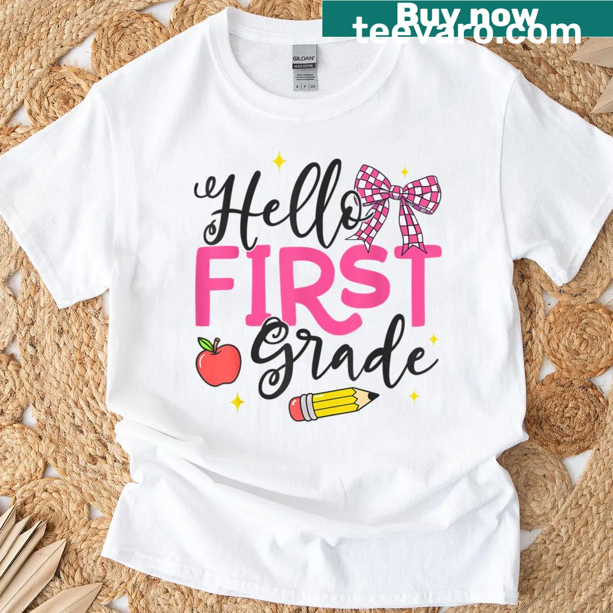 Cute Hello First Grade t-shirt with bow illustration — on a men's t-shirt