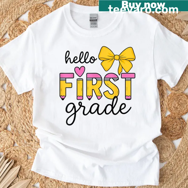 Cute back-to-school t-shirt with Hello First Grade and pencil graphic