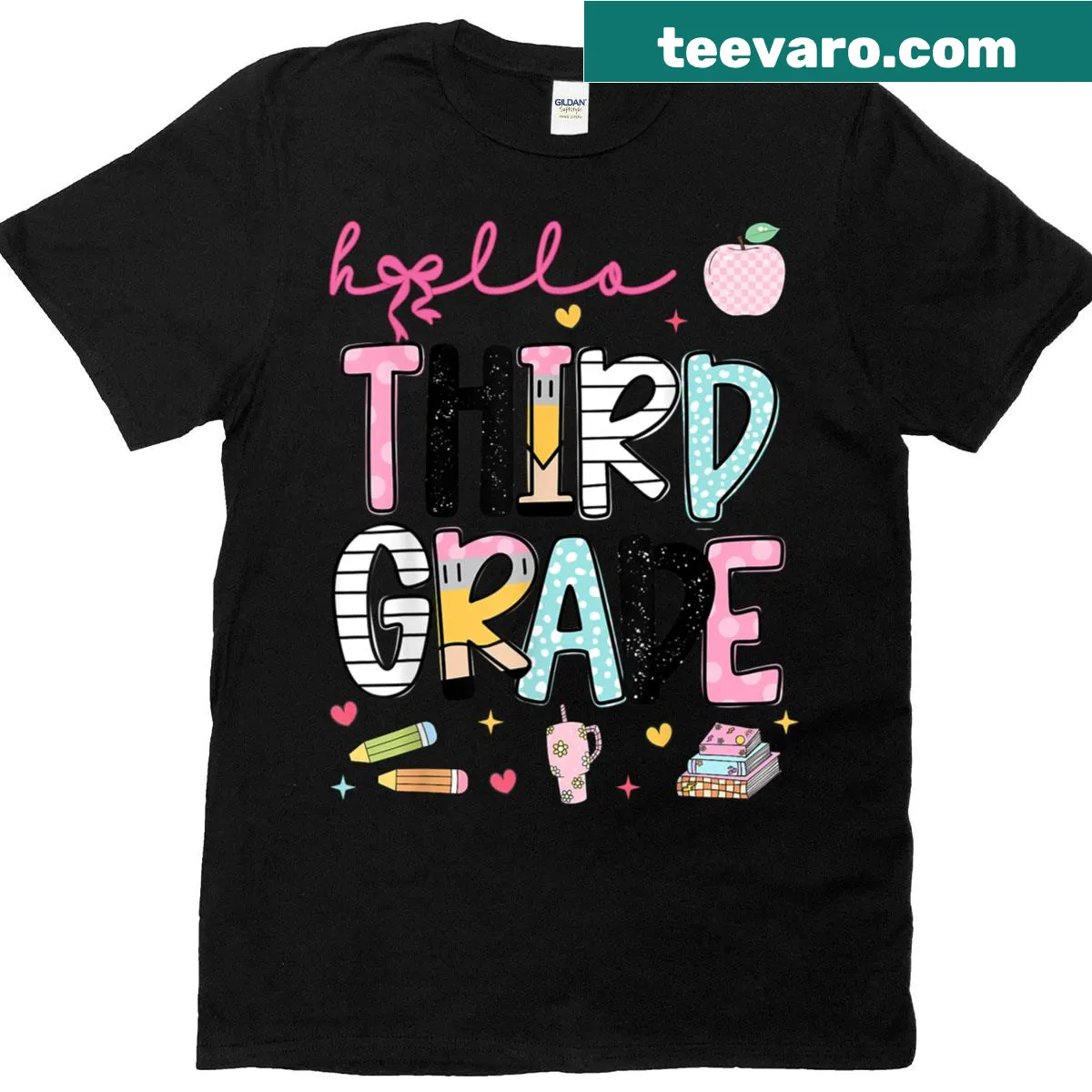Illustrated pencil bow with 'Hello Third Grade Teacher' text — on a men's t-shirt