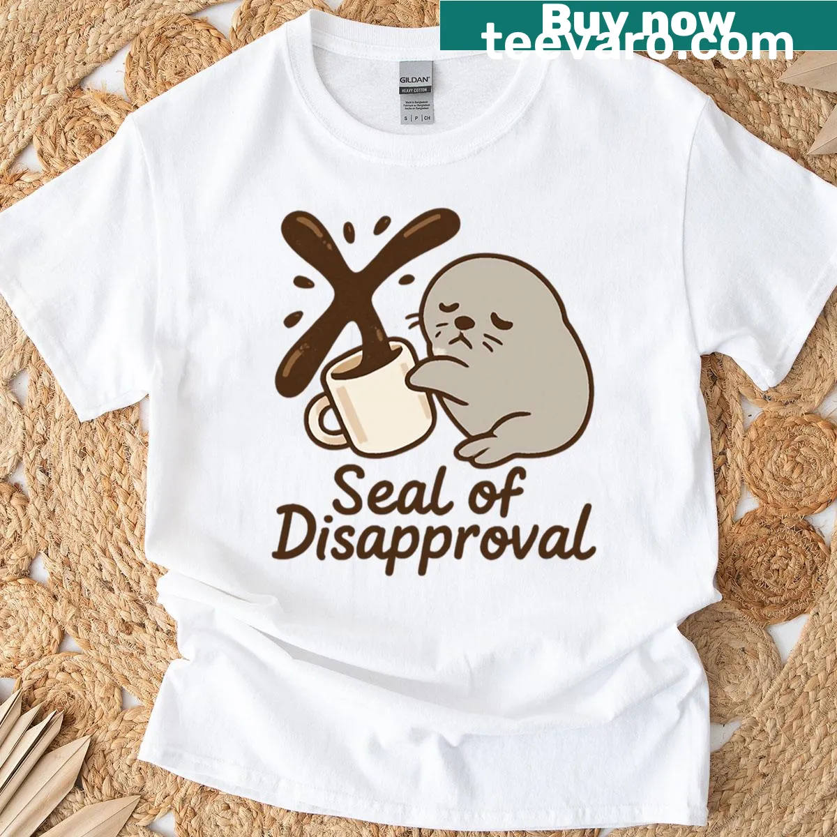 Funny T-shirt with coffee spill seal of disapproval design — on a men's t-shirt