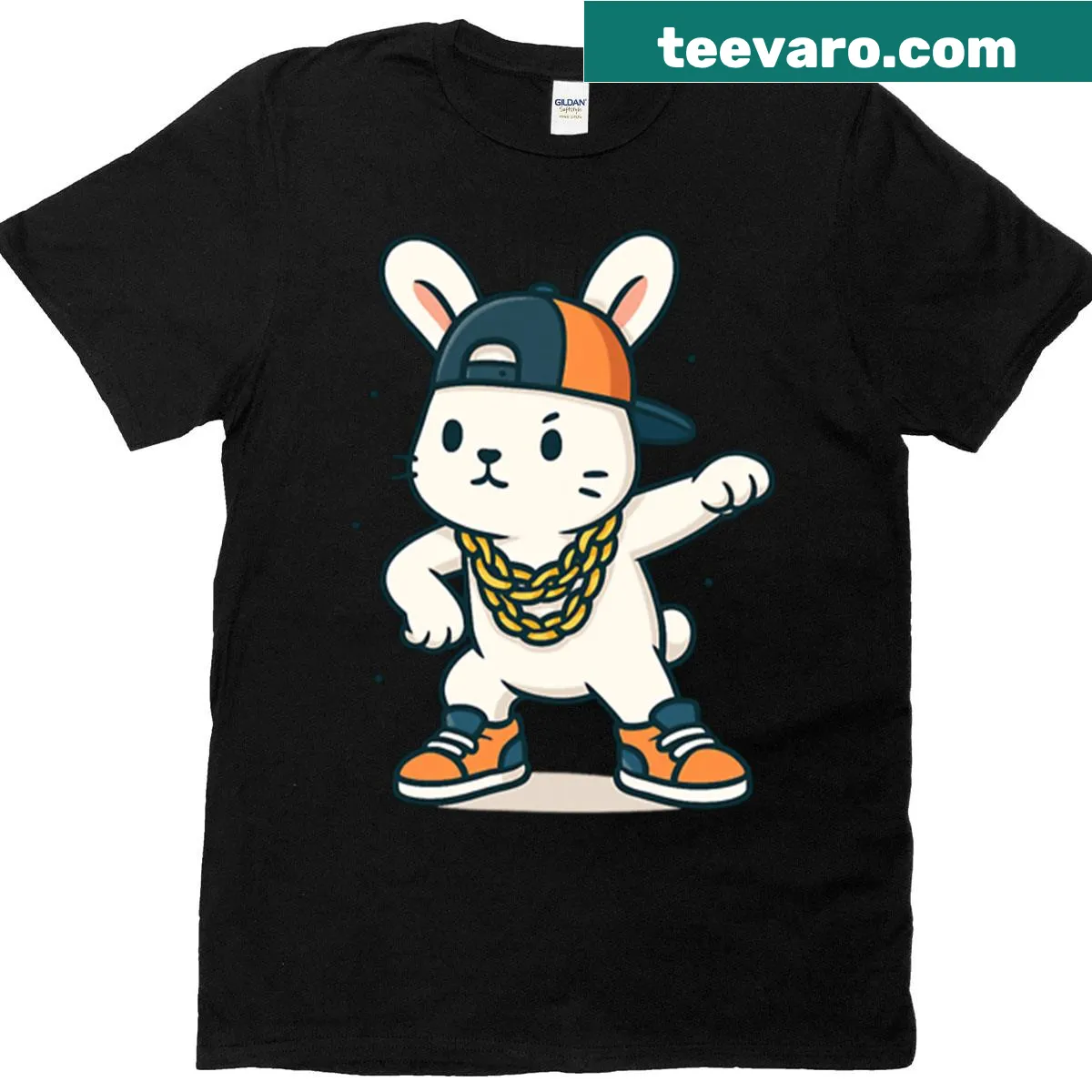 Cartoon hip-hop bunny t-shirt with gold chains — on a men's t-shirt