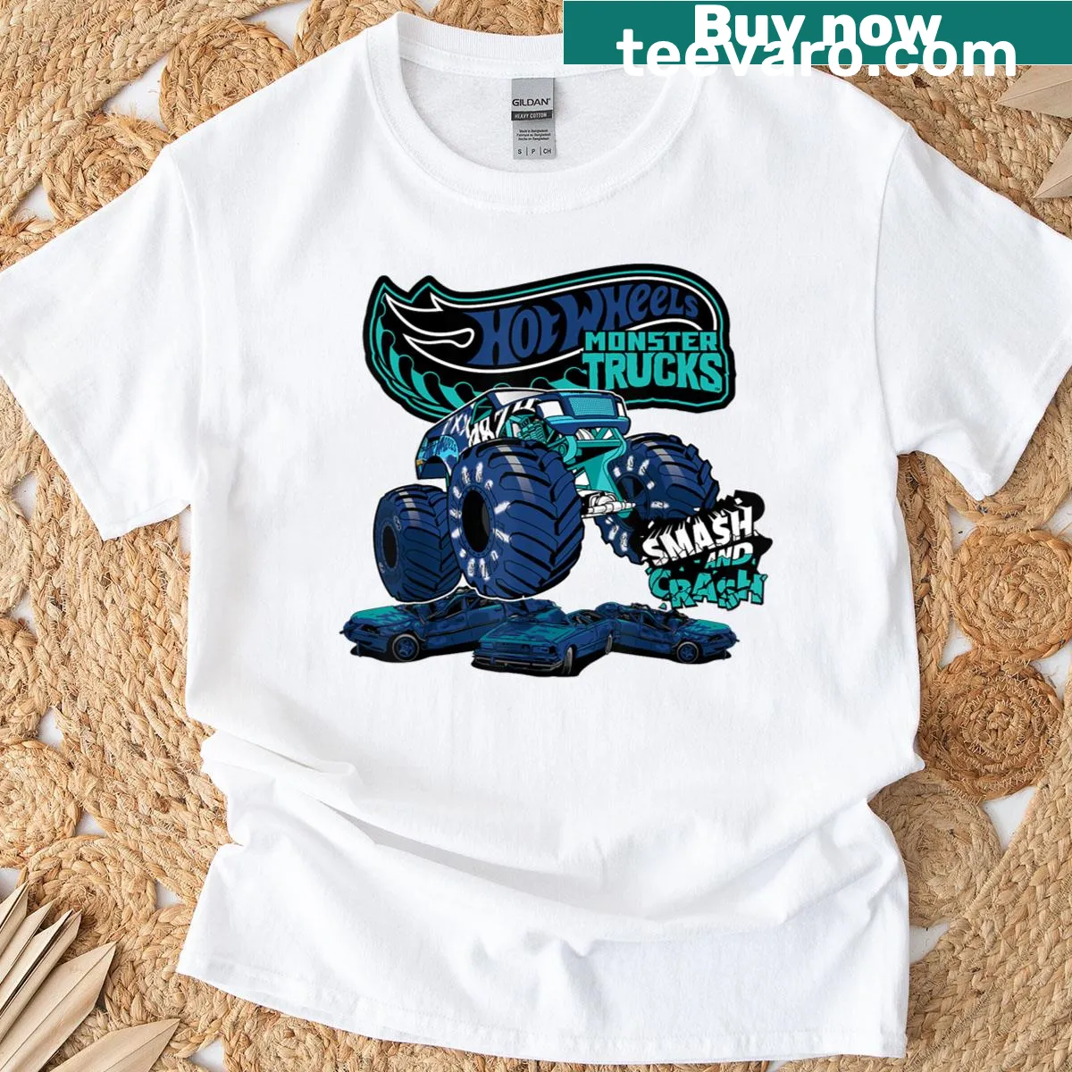 T-shirt featuring fun monster trucks in action — on a men's t-shirt