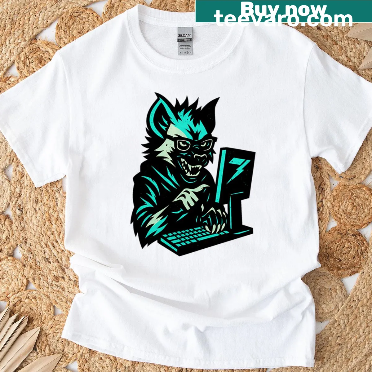 Illustrated hyena design on a T-shirt — on a men's t-shirt