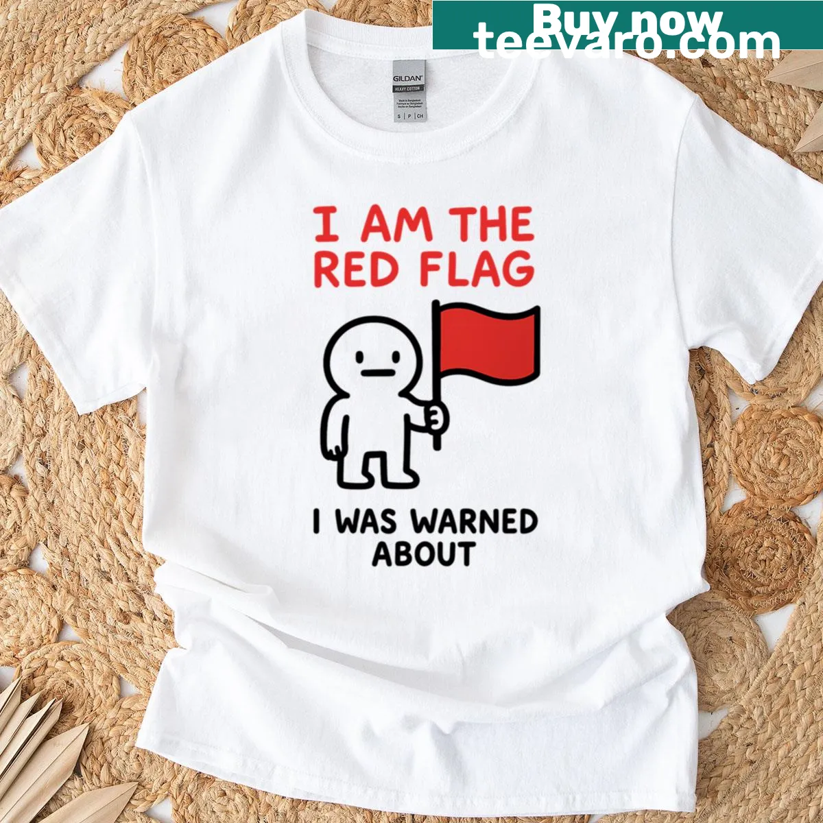 Oversized t-shirt with red flag humor quote design — on a men's t-shirt