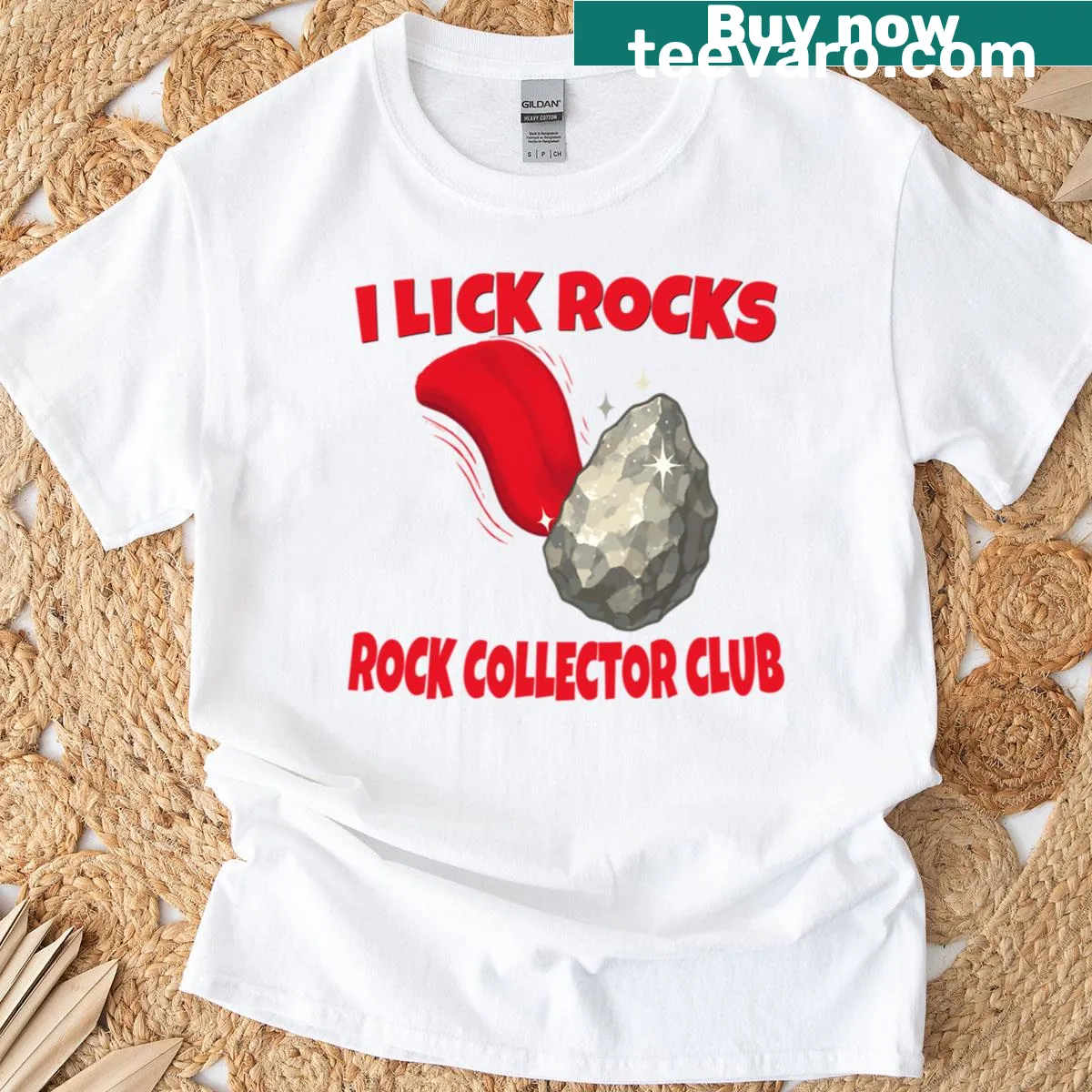 Rock collector club tee with 'I Lick Rocks' graphic — on a men's t-shirt