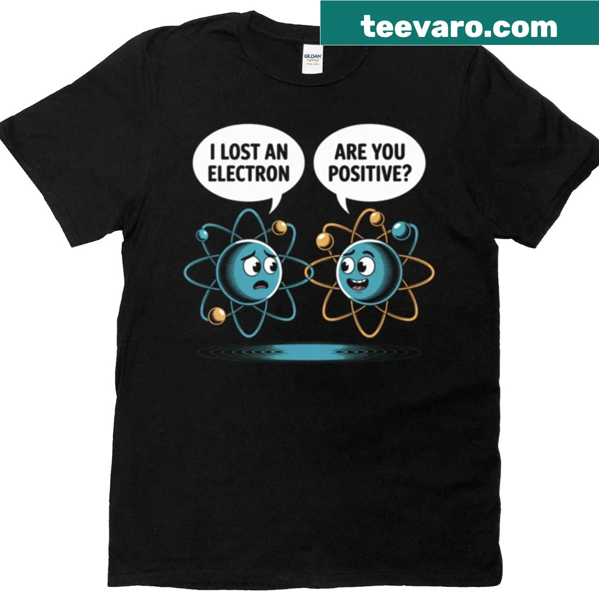 Science-themed t-shirt with electron humor — on a men's t-shirt