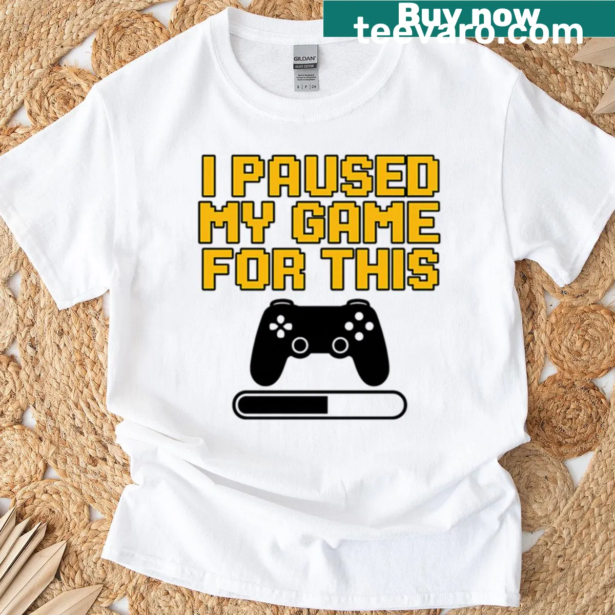 Funny gamer T-shirt with 'I Paused My Game For This' text design — on a men's t-shirt