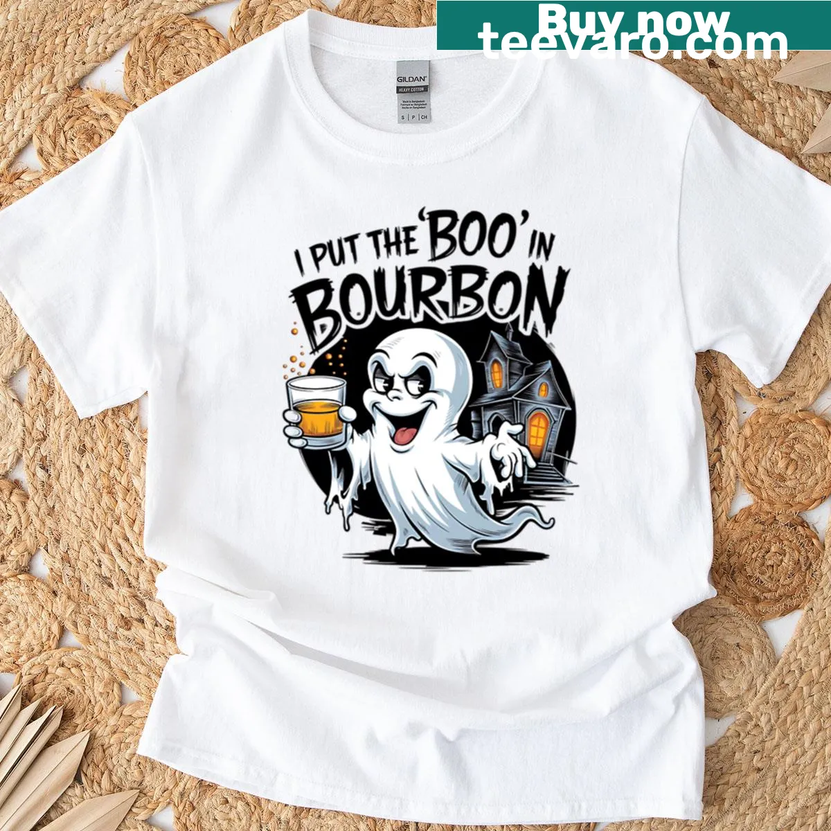 Funny ghost and bourbon-themed Halloween T-shirt design — on a men's t-shirt