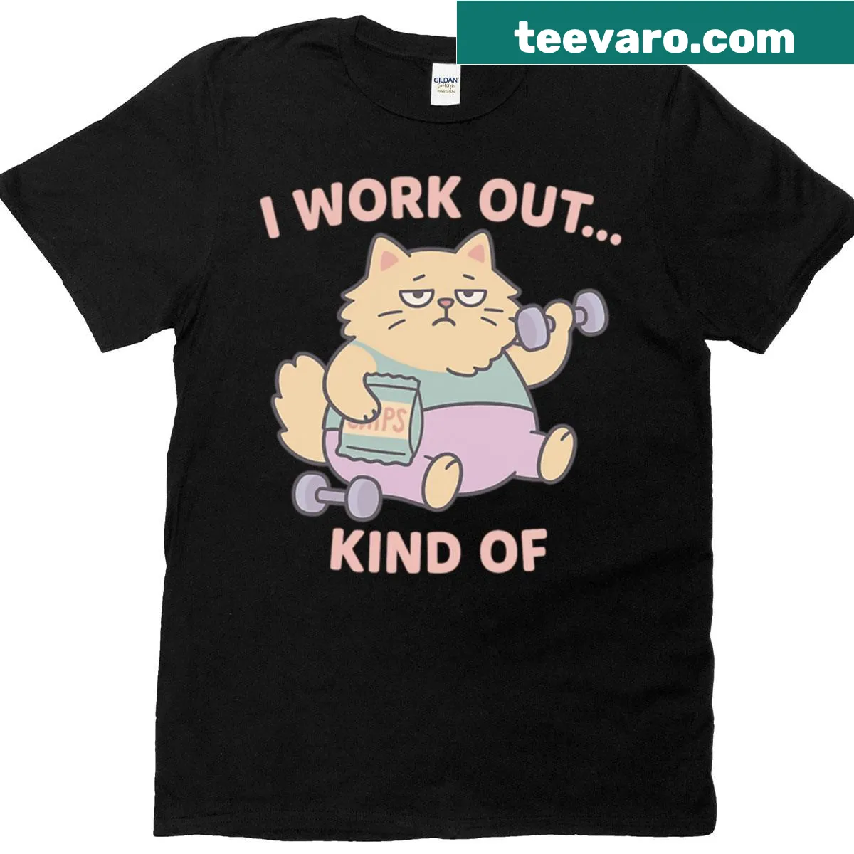 Chill cat lifting dumbbells in a humorous cartoon design — on a men's t-shirt