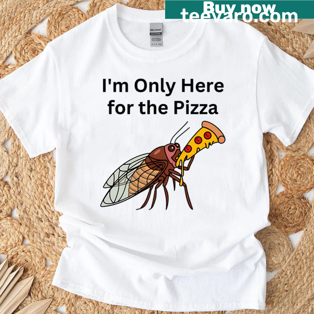 T-shirt with bold text saying 'I'm Only Here For The Pizza' in playful typography — on a men's t-shirt