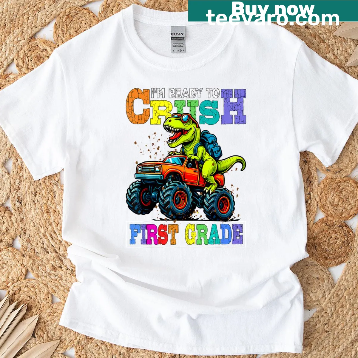 Dinosaur-themed t-shirt with 'I'm Ready To Crush First Grade' for boys — on a men's t-shirt