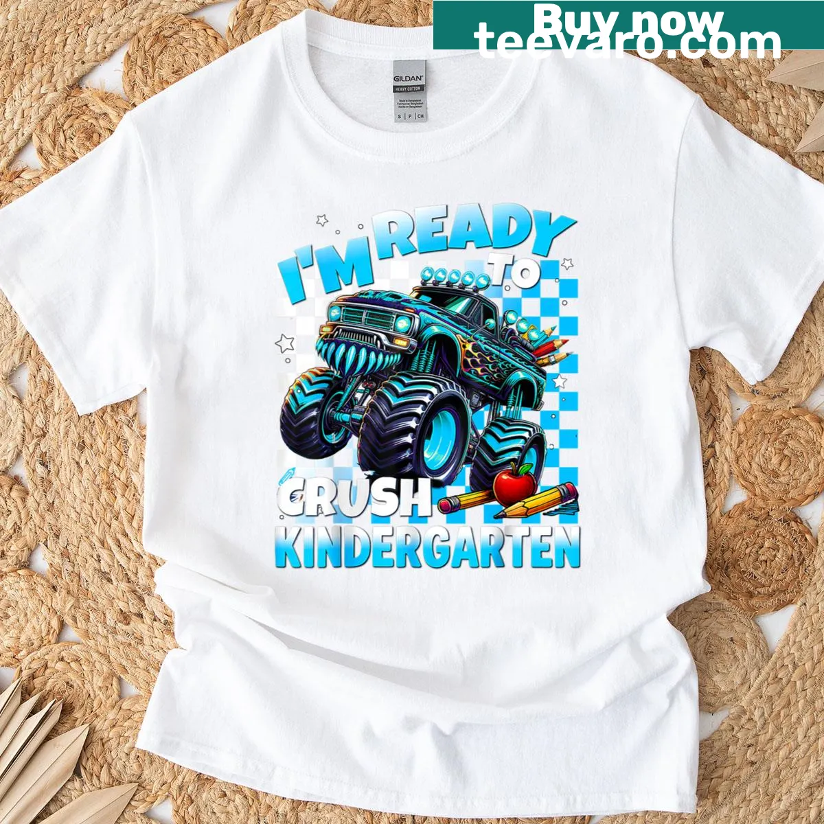 Boys T-shirt featuring a playful monster truck illustration for kindergarten — on a men's t-shirt