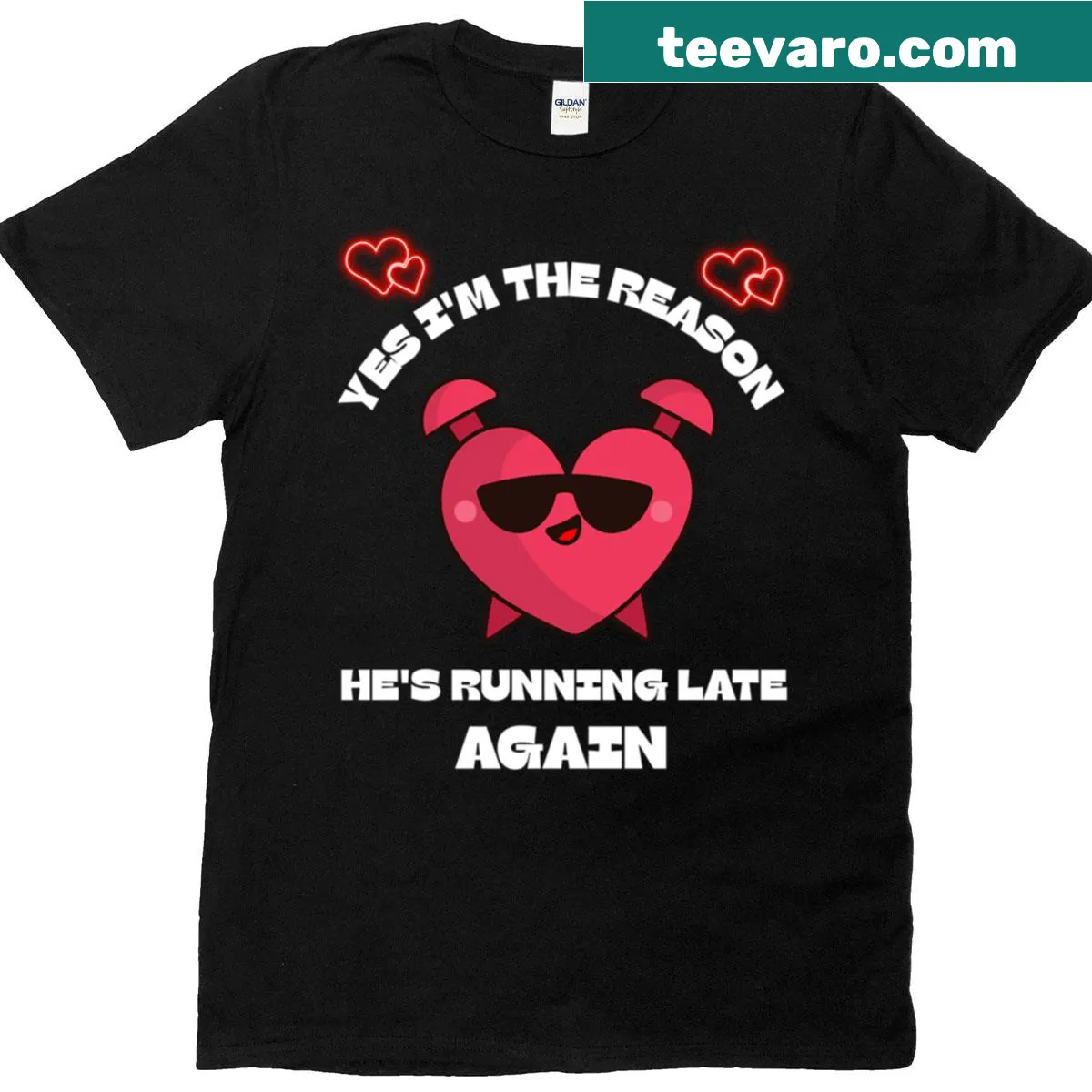 Funny relationship t-shirt with the phrase I'm The Reason He's Running Late Again — on a men's t-shirt