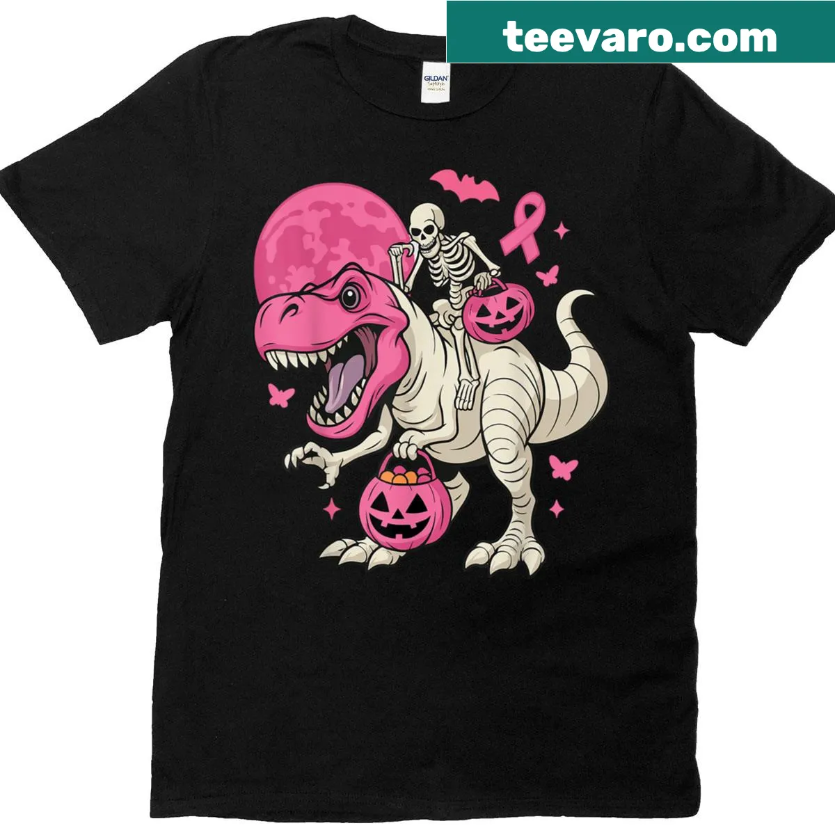 Breast cancer awareness t-shirt with pink dinosaur graphic — on a men's t-shirt