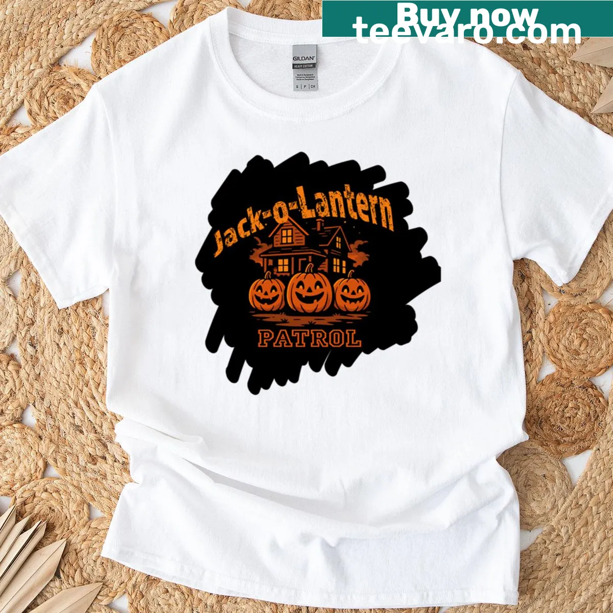 Halloween-themed t-shirt with playful jack-o-lantern graphic. — on a men's t-shirt