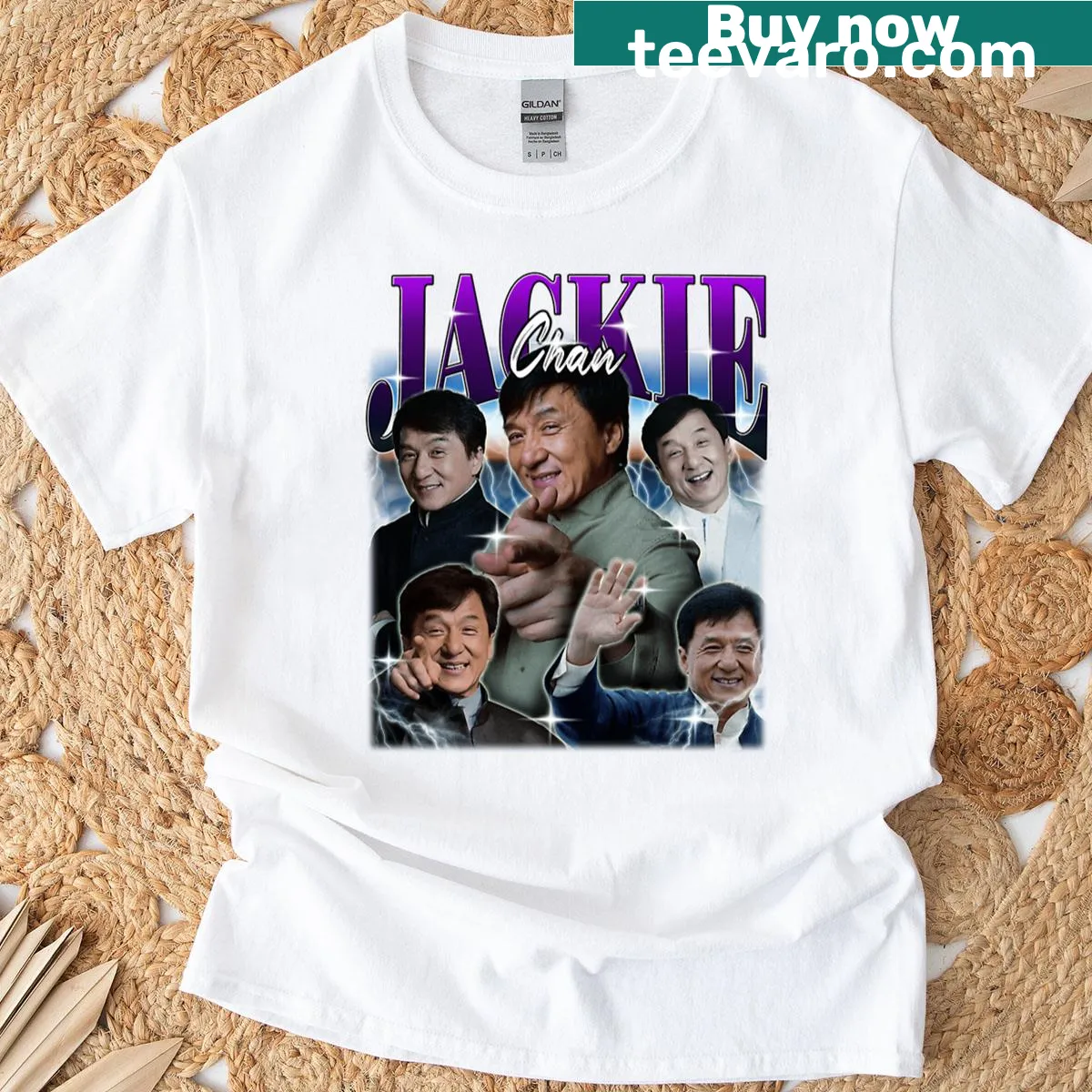 Retro fan t-shirt featuring Jackie Chan from the 90s era. — on a men's t-shirt