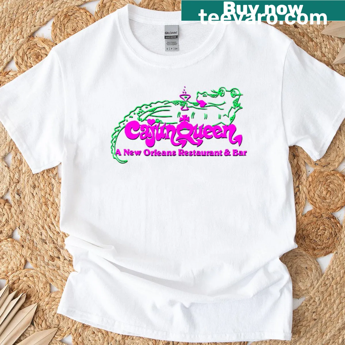 Illustration of a jazz night scene at The Cajun Queen on a t-shirt — on a men's t-shirt