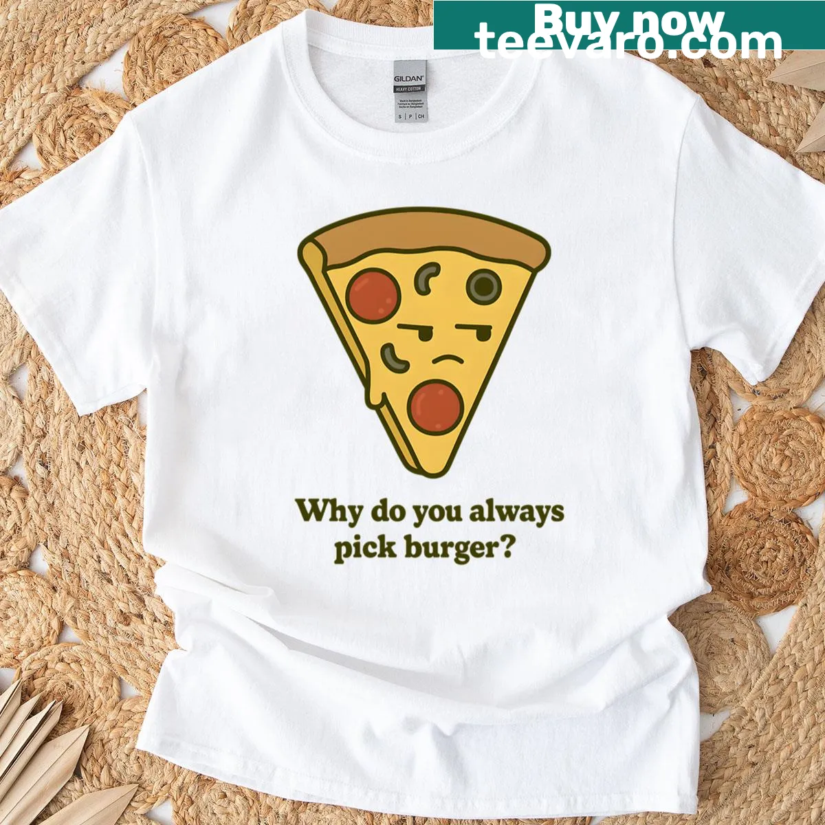Cartoon pizza slice with a jealous expression on a t-shirt — on a men's t-shirt