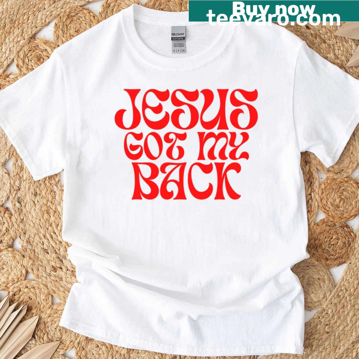 Faith-themed t-shirt with the phrase 'Jesus Got My Back' in bold typography — on a men's t-shirt