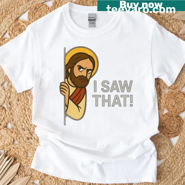 Oversized t-shirt with humorous Jesus peeking graphic.