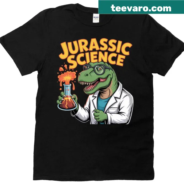 Illustrative tee featuring dinosaurs and science themes