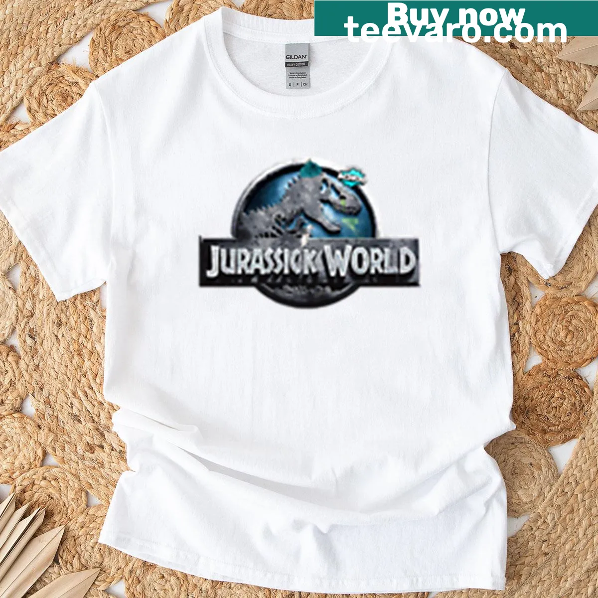 Parody T-shirt featuring dinosaurs and Jurassic World elements — on a men's t-shirt