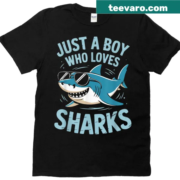 Whimsical shark-themed T-shirt with text 'Just A Boy Who Loves Sharks'