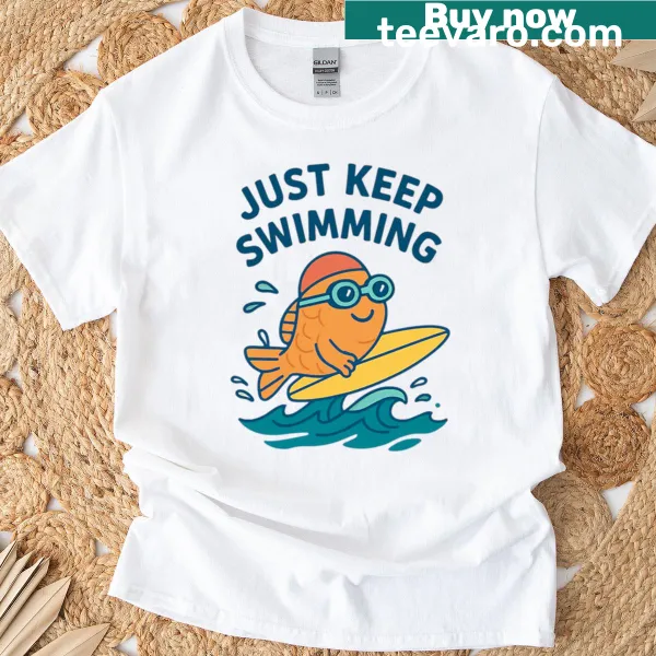 Oversized T-shirt with a fish graphic and the phrase 'Just Keep Swimming'