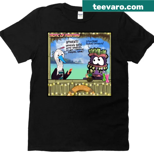 Playful T-shirt with a graphic about socks and sandals