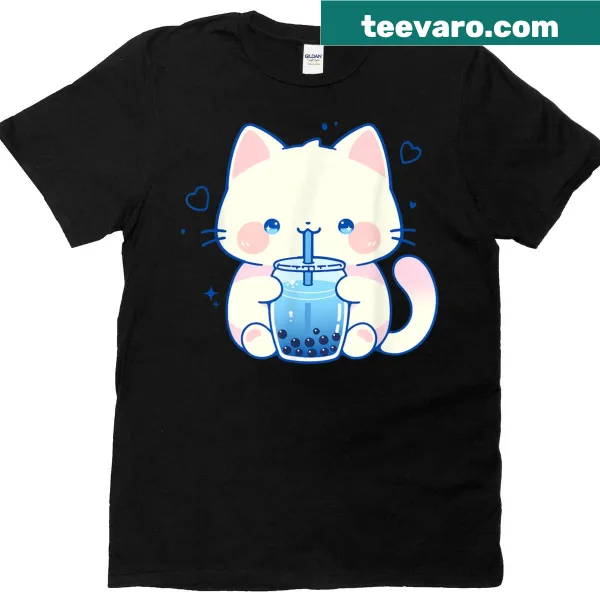 Cute kawaii cat boba illustration on a teen T-shirt