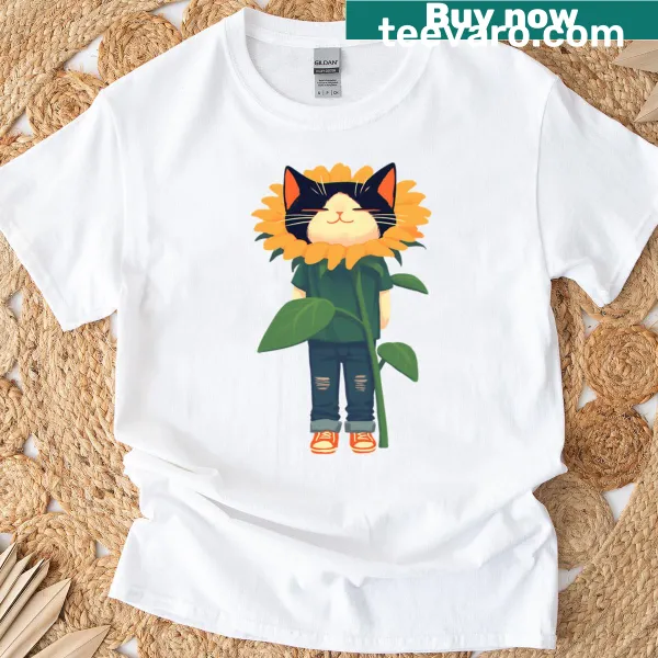 Kawaii illustration of a cat in a floral costume on an oversized t-shirt