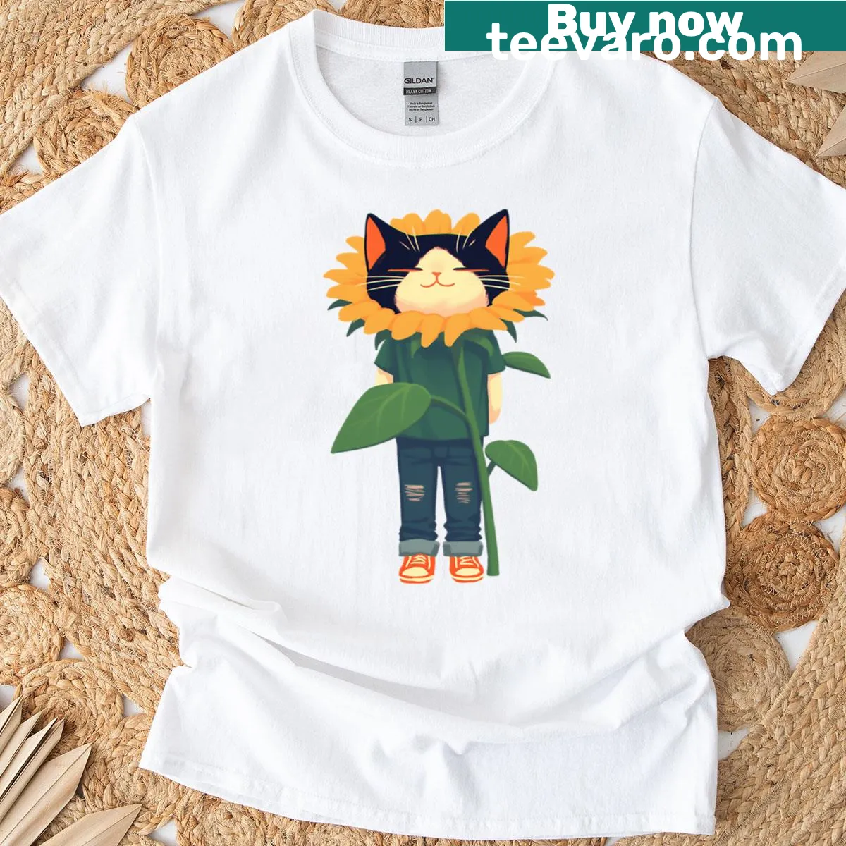 Kawaii illustration of a cat in a floral costume on an oversized t-shirt — on a men's t-shirt