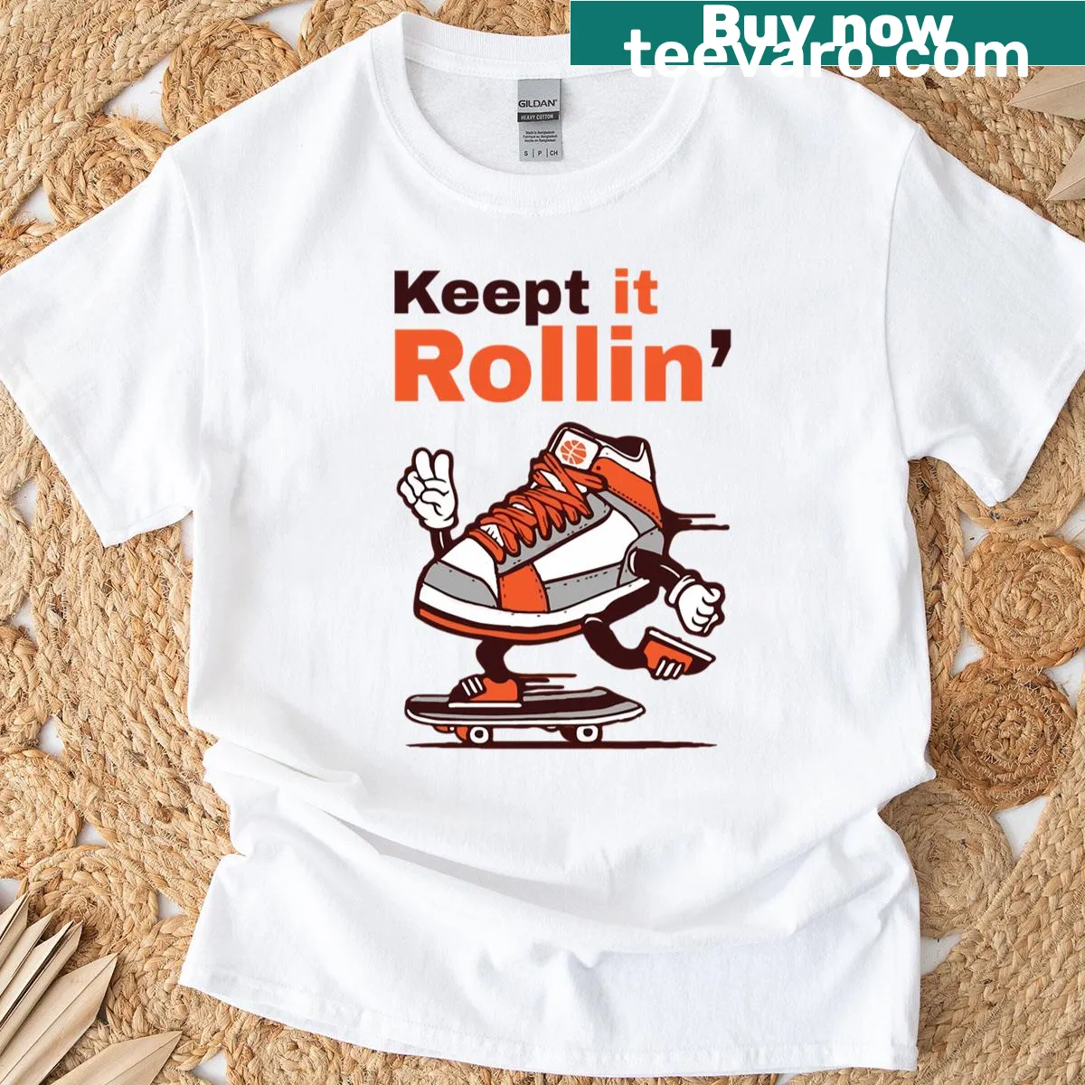 Cartoon sneaker graphic inspired by skate culture on a T-shirt — on a men's t-shirt