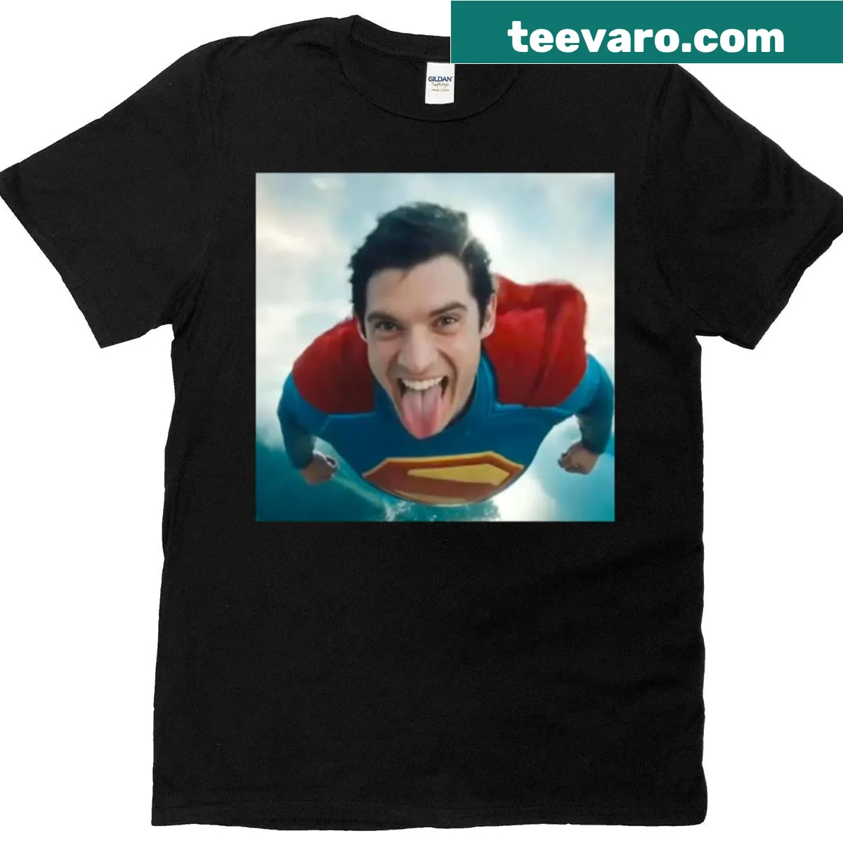 Kent dog flying with tongue out graphic on a t-shirt — on a men's t-shirt