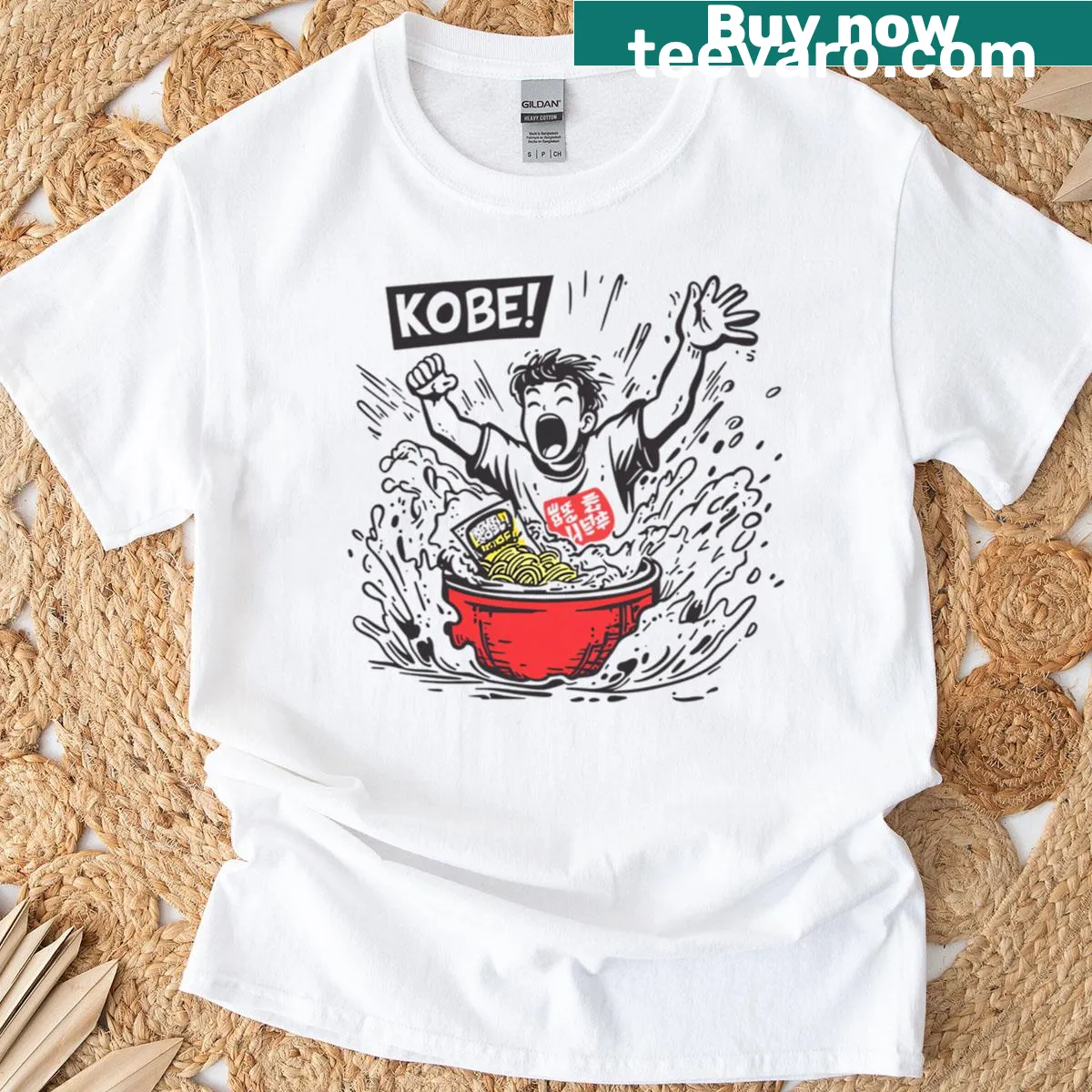 Comic-style ramen splash illustration on a t-shirt — on a men's t-shirt