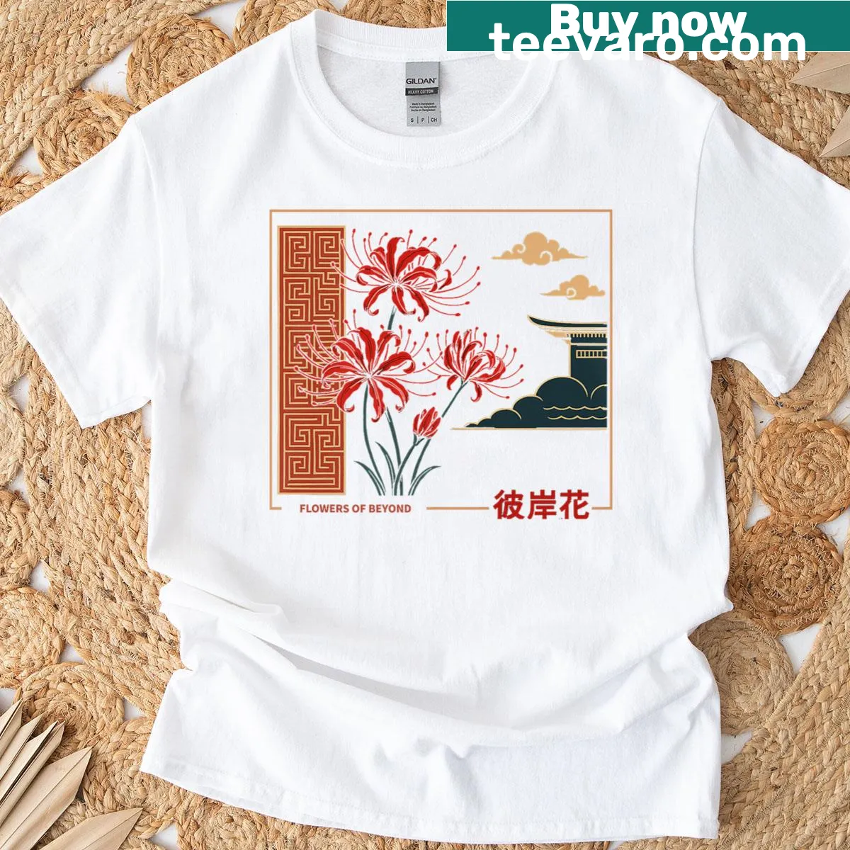 Premium t-shirt with an illustration of a red spider lily flower — on a men's t-shirt