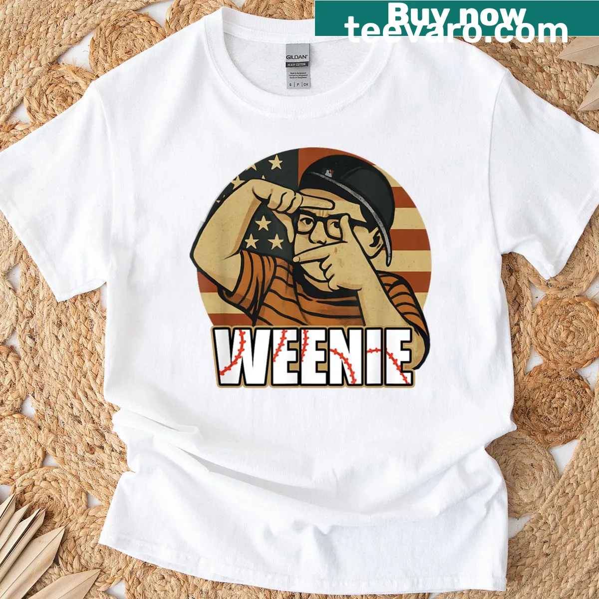 Funny baseball t-shirt featuring a weenie character — on a men's t-shirt