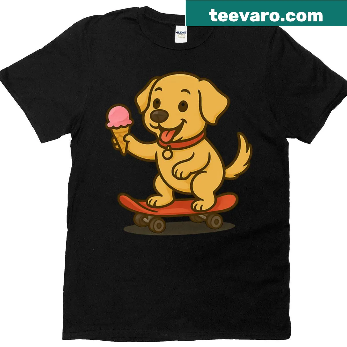 Illustration of a Labrador puppy on a skateboard with ice cream — on a men's t-shirt