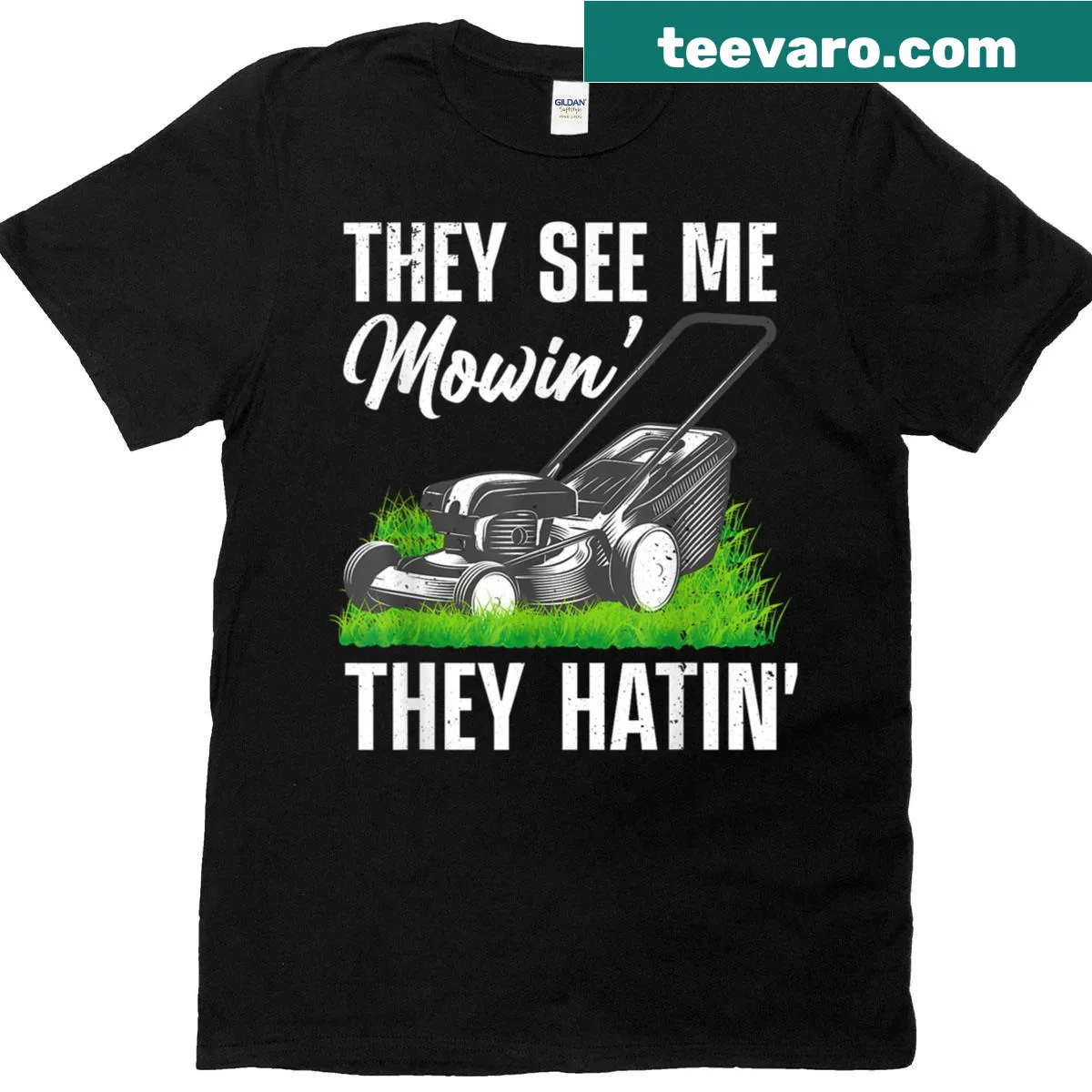 Novelty lawn mower graphic t-shirt for lawn care lovers — on a men's t-shirt