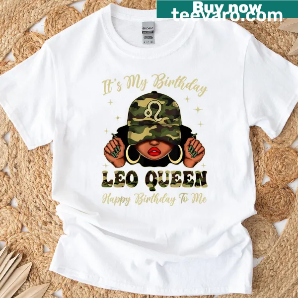 Leo Queen birthday t-shirt with an illustration of a black woman.