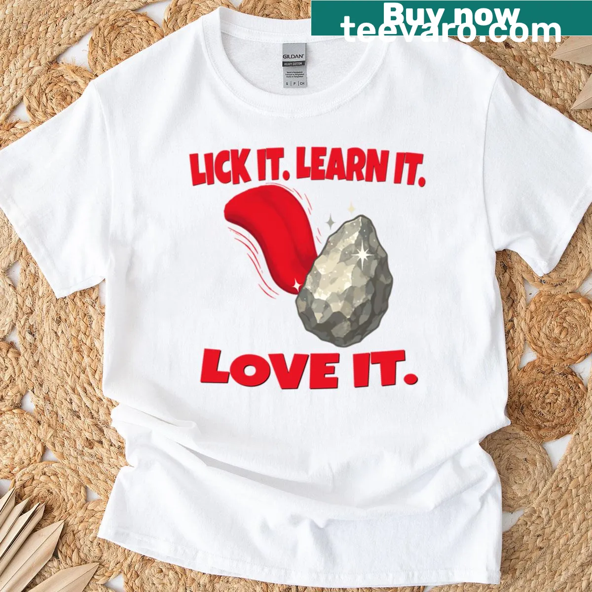 Funny geology slogan shirt with 'Lick It Learn It Love It' — on a men's t-shirt