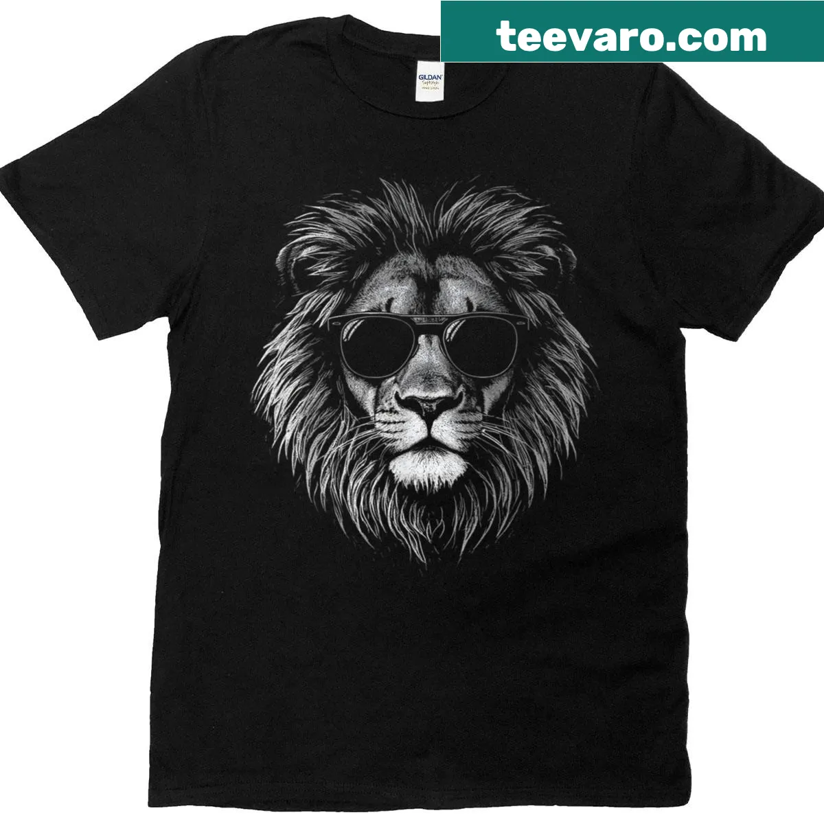 Cartoon lion wearing sunglasses on a playful t-shirt — on a men's t-shirt