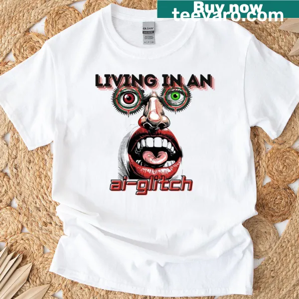 Oversized t-shirt with 'Living In An AI Glitch' text.