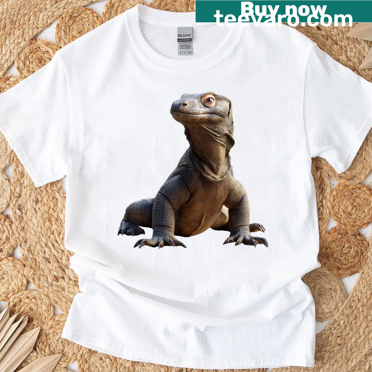 Illustrated t-shirt featuring Komodo and water monitor lizards — on a men's t-shirt