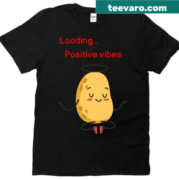 Cute potato character meditating with the phrase Loading Positive Vibes