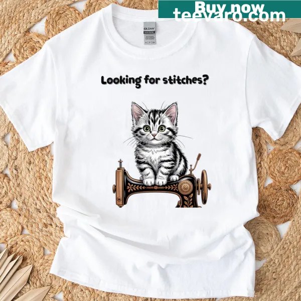 Funny kitten t-shirt with 'Looking For Stitches' text