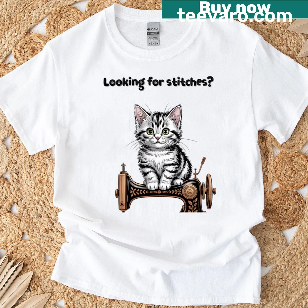 Funny kitten t-shirt with 'Looking For Stitches' text — on a men's t-shirt