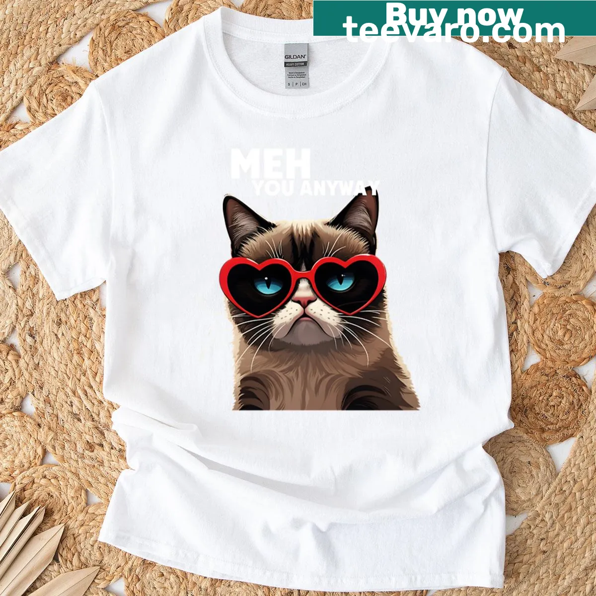 Grumpy cat design with heart glasses and the text 'Meh Love You Anyway' — on a men's t-shirt